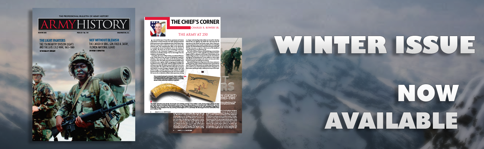 Banner image with a featured covers of Army History Magazine on a snowy background with bold text reading 'Spring Issue Now Available'